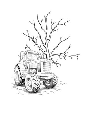 Fingeravtrycksaffisch med träd och traktor